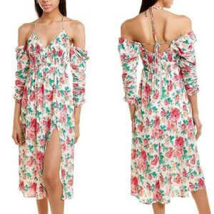 For Love & Lemons Becca Satin Floral Midi Dress Size M